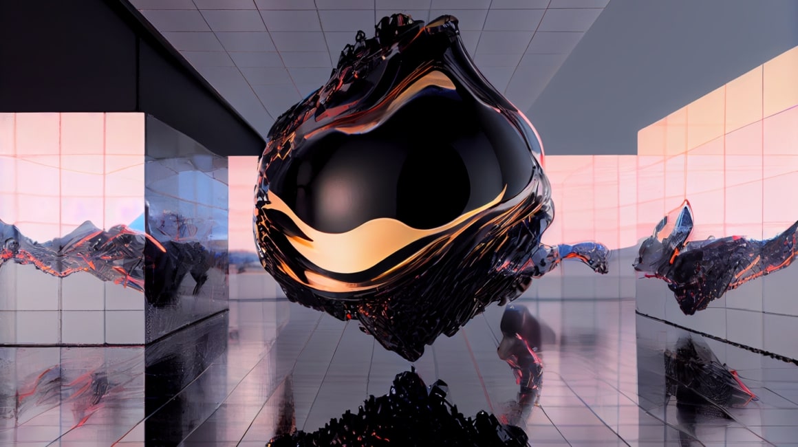 Image d'illustration abstraite représentant en son centre, une modélisation 3D d'une sphère avec une montagne en haut et en bas de cette dernière. Elle est dans une pièce entourée de grands carreaux transparents qui laissent entrevoir un paysage montagneux à l'aube ou au coucher du soleil. L'image illustre la page du cours intitulé "Anticiper l’avenir des métiers de la création"